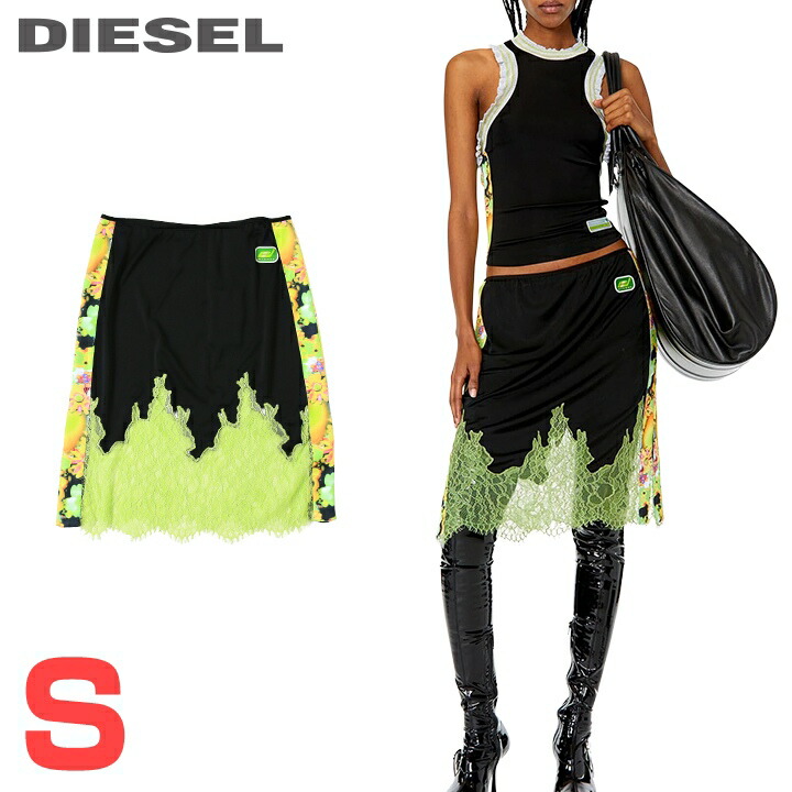 ★DIESEL ディーゼル レディース★スピード競技うつり変わり 側面細長い切口 対照色つや 膝丈スコート【O-TRACER】【大きさS】【黒いこと×ライトグリーン】die-l-s-g4-23m 《製造会社願望すること受け売り通貨価値49,500円》