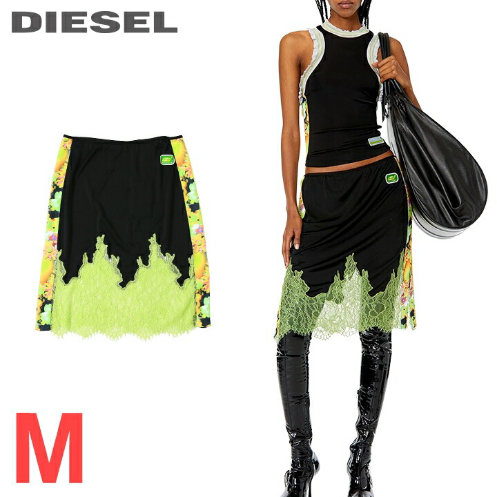 ★DIESEL ディーゼル レディース★スピード競技うつり変わり 側面細長い切口 対照色つや 膝丈スコート【O-TRACER】【大きさM】【黒いこと×ライトグリーン】die-l-s-g4-23p 《製造会社願望すること受け売り通貨価値49,500円》