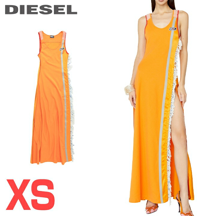 ★DIESEL ディーゼル レディース★異素材ミックス フリンジアクセント 切替 ノースリーブマキシワンピース【D-TANDY】【サイズXS】【オレンジ】die-l-t-g4-2h8 《メーカー希望小売価格82,500円》｜BRAND OUTLET キイロヤドゥーエ