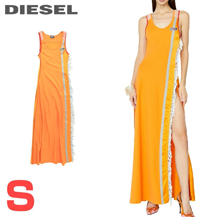 ★DIESEL ディーゼル レディース★異素材ミックス フリンジアクセント 切替 ノースリーブマキシワンピース【D-TANDY】【サイズS】【オレンジ】die-l-t-g4-2h9 《メーカー希望小売価格82,500円》|BRAND OUTLET キイロヤドゥーエ