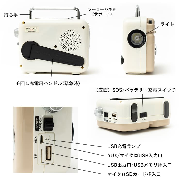 ラジオ レトロ 小型 多機能 防災 非常用 おしゃれ かわいい スピーカー モバイルバッテリー bluetooth アウトドア 懐中電灯 LEDライト ソーラー充電 RELAX プレゼント ギフト