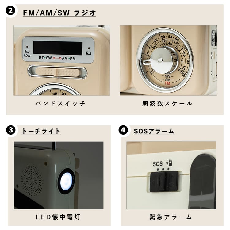 ラジオ レトロ 小型 多機能 防災 非常用 おしゃれ かわいい スピーカー モバイルバッテリー bluetooth アウトドア 懐中電灯 LEDライト ソーラー充電 RELAX プレゼント ギフト