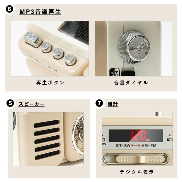 ラジオ レトロ 小型 多機能 防災 非常用 おしゃれ かわいい スピーカー モバイルバッテリー bluetooth アウトドア 懐中電灯 LEDライト ソーラー充電 RELAX プレゼント ギフト