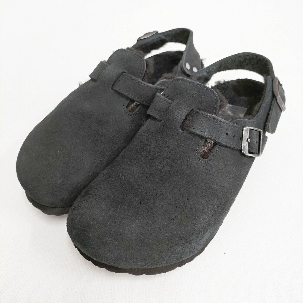 BIRKENSTOCK TOKIO SHEARLING SUEDE LEATHER NARROW 38 ファー 定価30800円 サンダル ブラック レディース ビルケンシュトック【中古】6-0219T