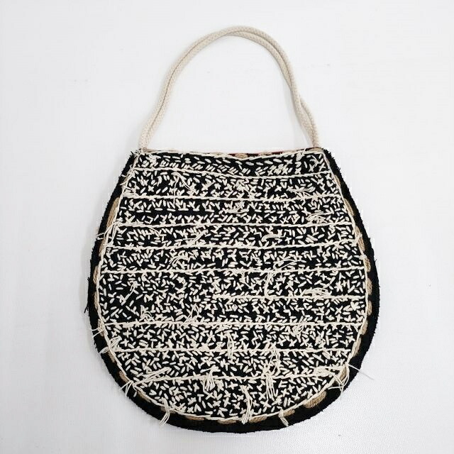 Khadi and Co ウールフェルト手刺繍丸型バッグ 定価29700円 トートバッグ ブラック ホワイト レディース カディ アンド コー【中古】4-1011T