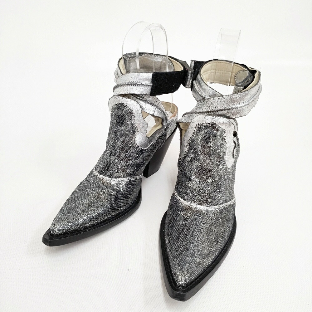 MAISON MARGIELA ウエスタン ミュール ラメ スパンコール 大きさ36 ミュール しろがね色 レディース メゾンマルジェラ【中古】5-1021G