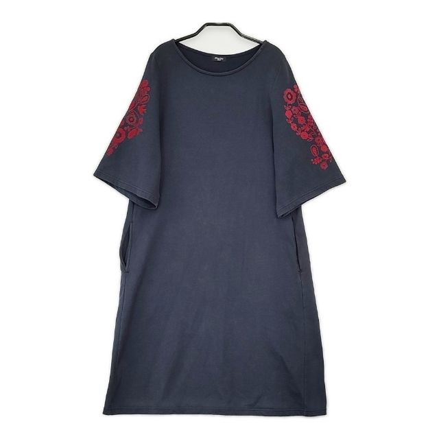マーブルシュッド　花柄刺繍　ウエストリボン　コットン　ワンピース　ブルー　青　M marble SUD マーブルシュッド *フラワースークVCDワンピース