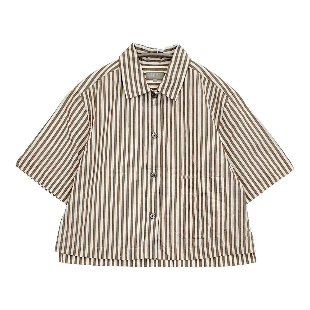 MARGARET HOWELL CANDY STRIPE 578-3152001 サイズ2 ストライプ コットンリネン 半袖シャツ 23SS カーキ ホワイト レディース マーガレットハウエル【中古】6-0324S