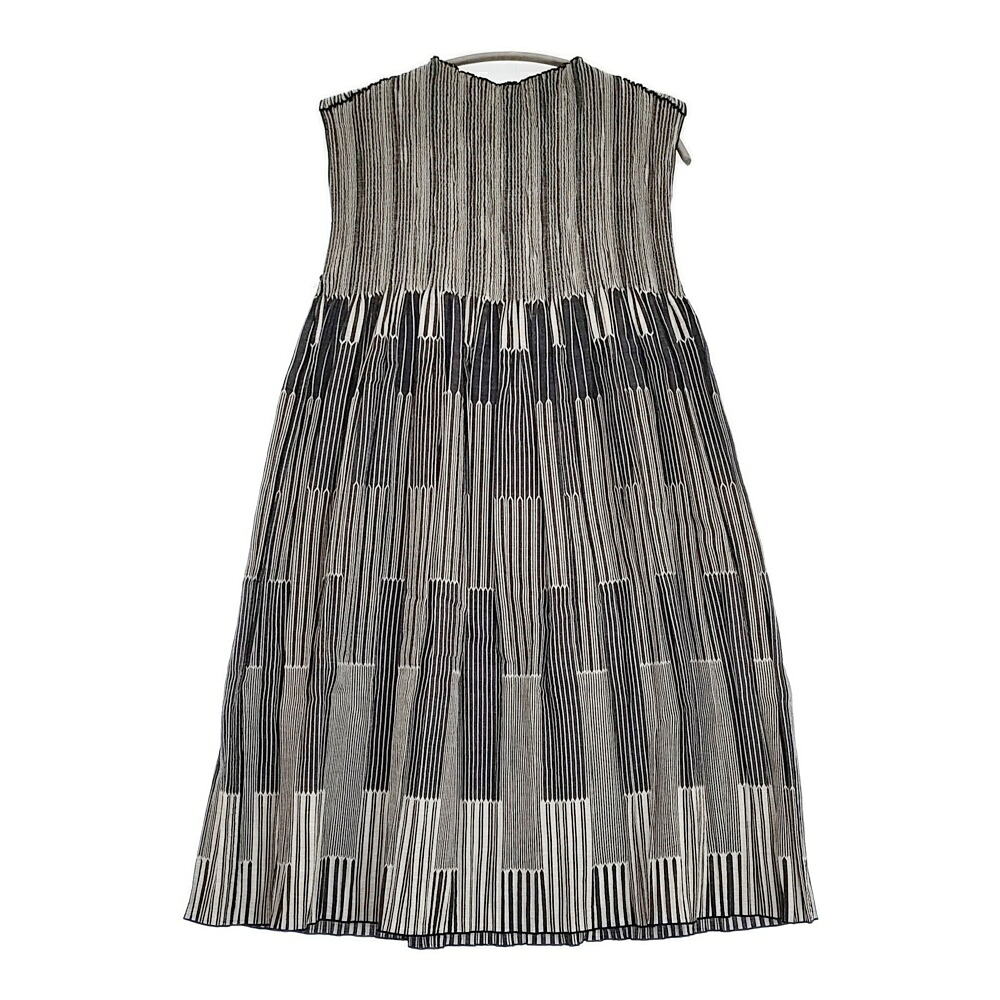 NUNO 須藤玲子 Loomed tunic プリーツ チュニック ノースリーブ ワンピース ブラック ホワイト レディース【中古】6-0324S