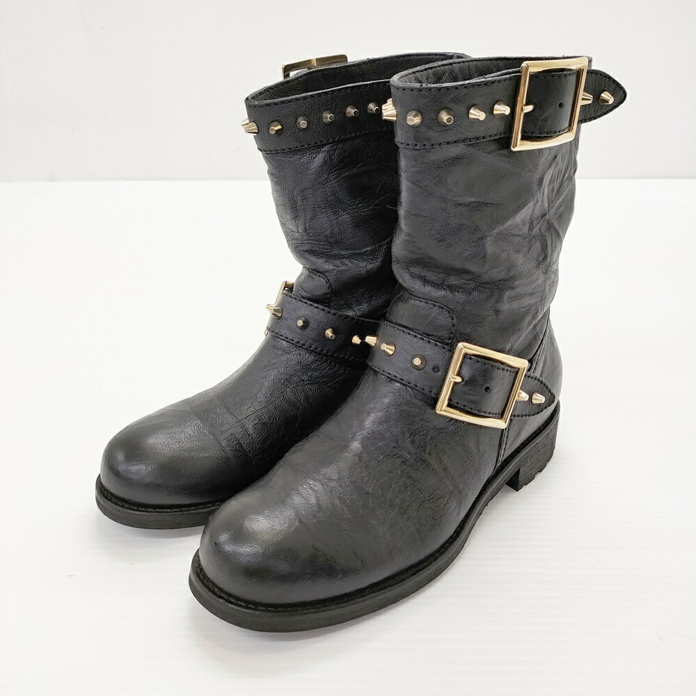 JIMMY CHOO レザー スタッズ付き エンジニアブーツ サイズ35 1/2 ブーツ ブラック レディース ジミーチュウ【中古】5-0313G