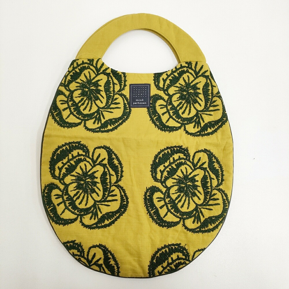 mina perhonen 美品 hope vs9854 エッグバッグ 刺繍 リネン フラワー 花 トートバッグ イエロー グリーン レディース ミナペルホネン【中古】6-0704G｜ブランド古着のkiitti