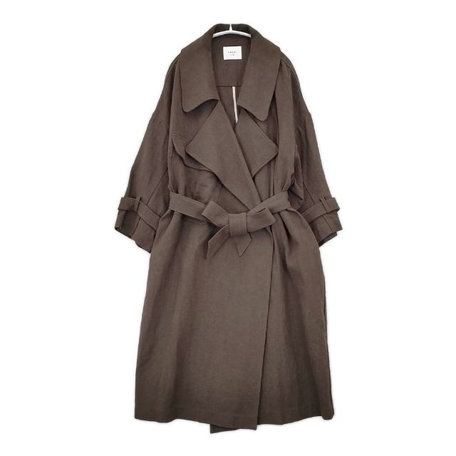 AMERI BIG COLLAR LONG COAT 01920750170 ベルト付き リネンコットン コート ブラウン レディース アメリ【中古】6-0122T