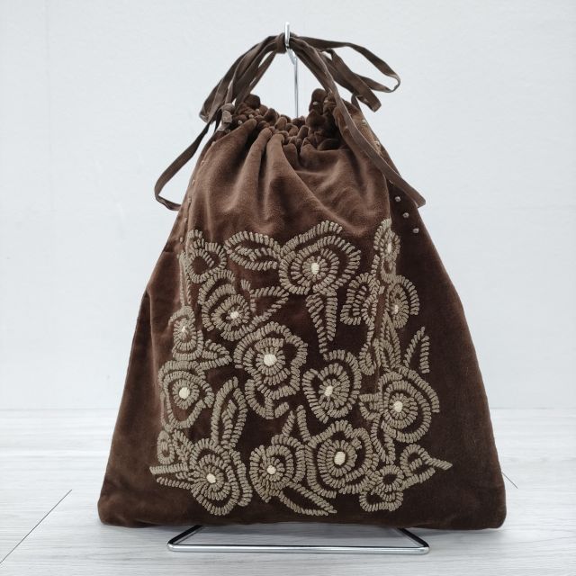 ロラライハリス♡カーキブラウンベロア♡刺繍のワンハンドル巾着バッグ♡ d40331b4220bba24b177bff4d5bc9d