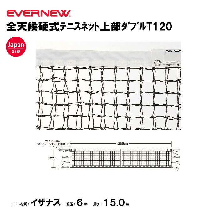 【法人限定】エバニュー 全天候硬式ﾃﾆｽﾈｯﾄ上部ﾀﾞﾌﾞﾙT120 EVERNEW ネット テニス スポーツ施設 教育施設 体操クラブ 体操教室 学校 部活 日本製 EKD872｜喜共屋ギルド