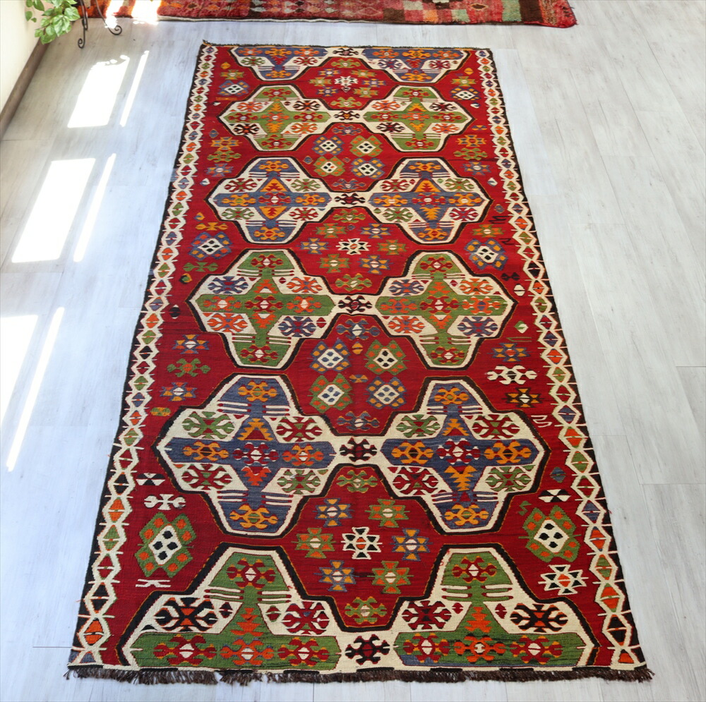 【15%OFFクーポン対象】オールドキリム トルコ南部ムート　315×140cm ケッレサイズ/鮮やかな色使い　花のようなベレケット