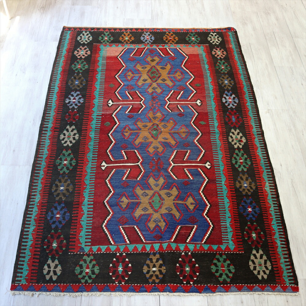 【15%OFFクーポン対象】オールドキリム　コンヤ・オブリュック219×144cm カリヨラ　３つのドラゴンモチーフ　レッド/ブラック