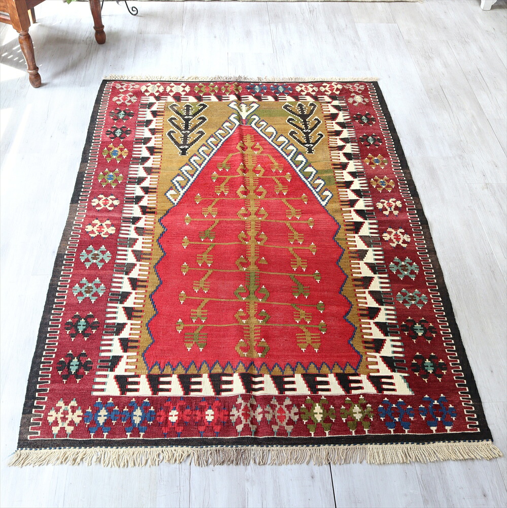【15%OFFクーポン対象】オールドキリム コンヤ　オブリュック195×132cm カリヨラ/赤いミフラープ　生命の樹