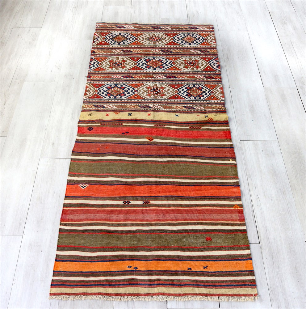 【15%OFFクーポン対象】収納袋チュアルを開いたオールドキリム フェティエ　227×91cm ジジム織りのドラゴンのモチーフとカラフルボーダー