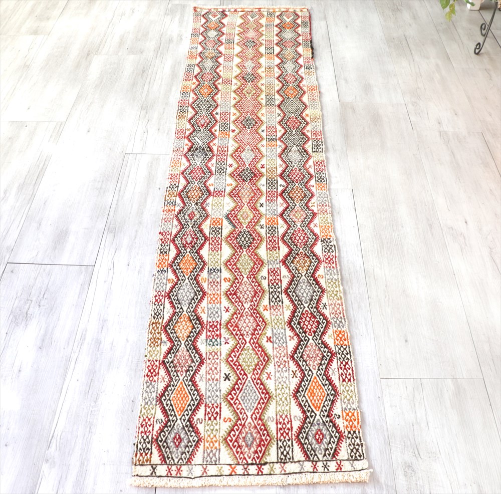 【15%OFFクーポン対象】オールドキリム　シワス・ジジム228×47cm 細長い装飾用ジジム・アイボリー 55,000円