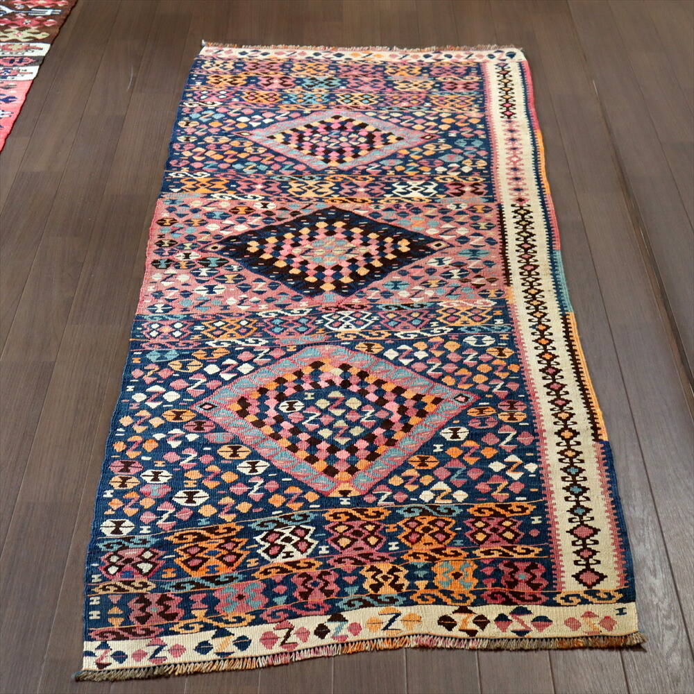 【15%OFFクーポン対象】オールドキリム ワン　ランナーサイズ191×76cm ３つのダイヤ チフカナット
