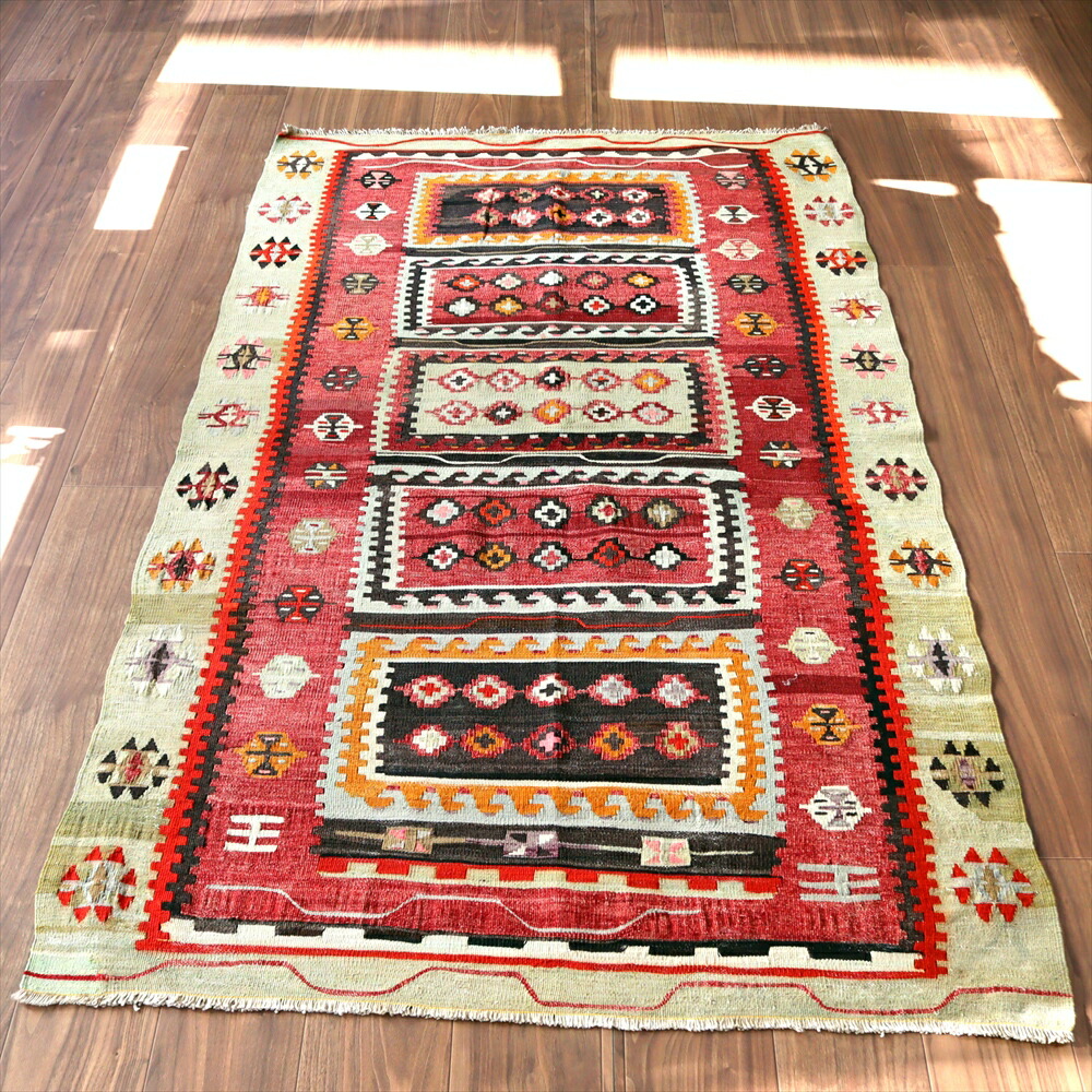 【15%OFFクーポン対象】オールドキリム チョルムセッヂャーデ190×114cm ５つのカラフルなサンドゥック