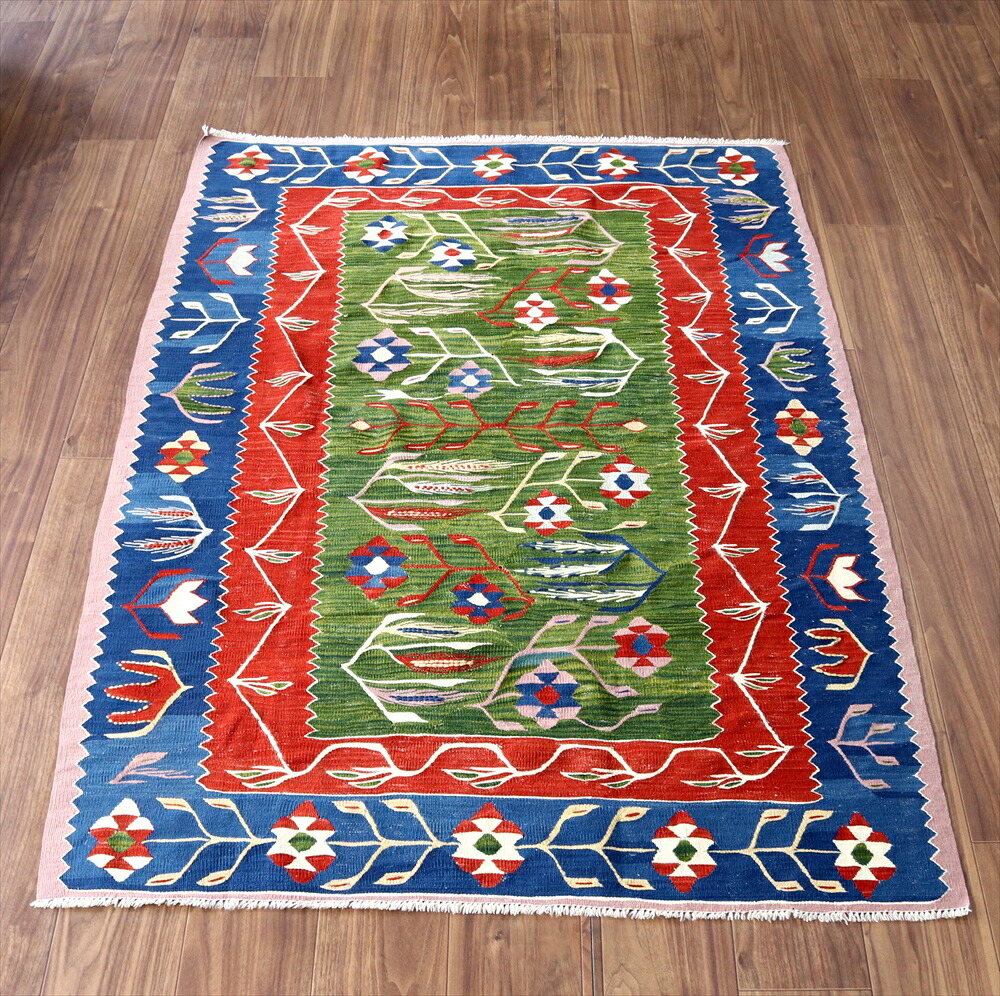 【15%OFFクーポン対象】トルコの手織りキリム・ウシャク155×112cm 麦の穂とチューリップ