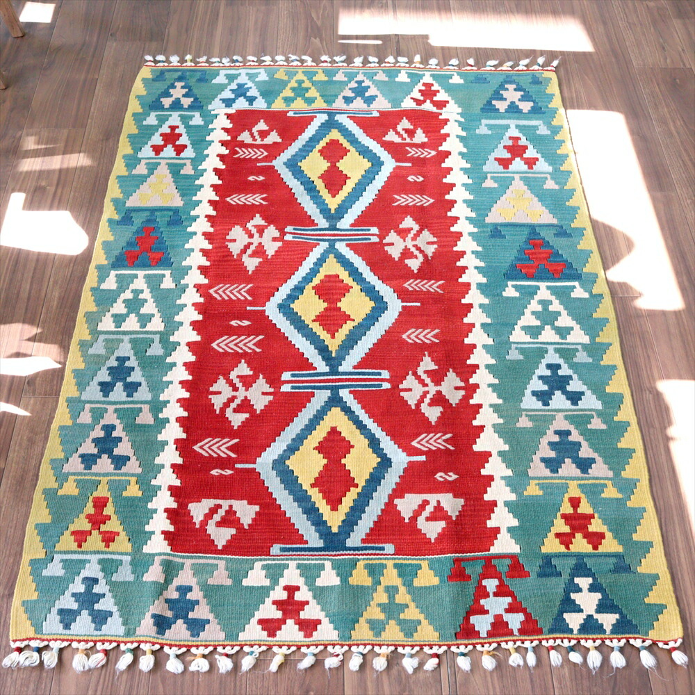 【15%OFFクーポン対象】トルコの手織りキリム・セッヂャーデ163×108cm ３つのダイヤ