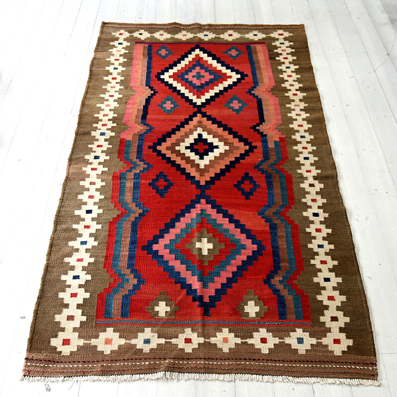 【15%OFFクーポン対象】オールドキリム シラーズ218×107cm ハムセ連合/ジグザグのひし形　草木染め