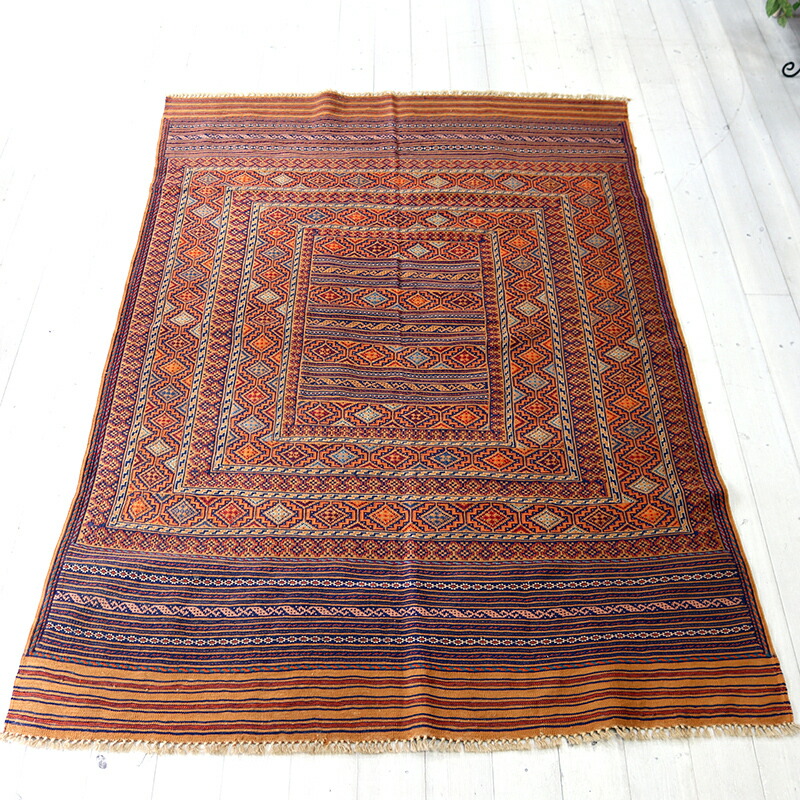 【15%OFFクーポン対象】シルジャンキリム　スザンニ織り198×130cm 細かな織りの幾何学モチーフ