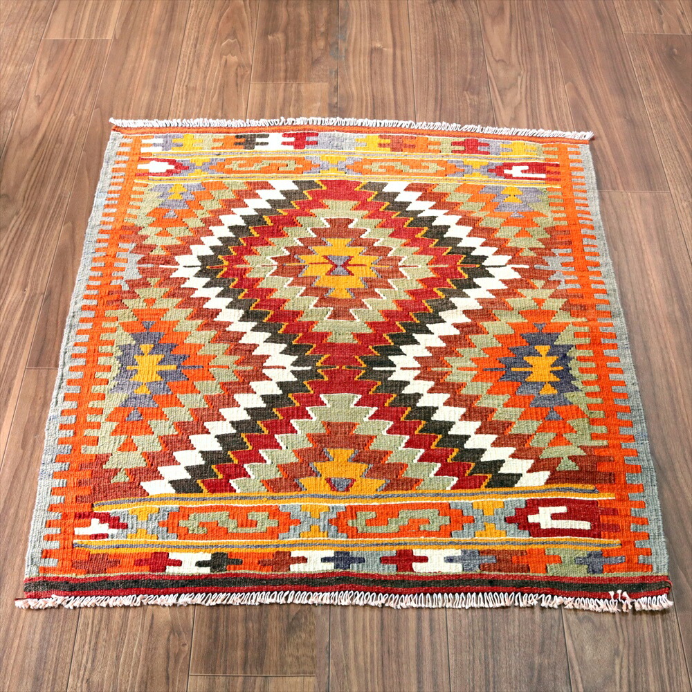 【15%OFFクーポン対象】オールドキリム・アンタルヤ98×87cm ジグザグのダイヤ・イーブルアイ 37,895円