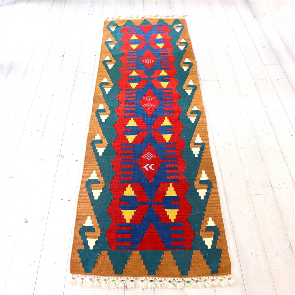 【15%OFFクーポン対象】トルコの手織りキリム カイセリ215×64cm 翼を広げた鳥のモチーフ
