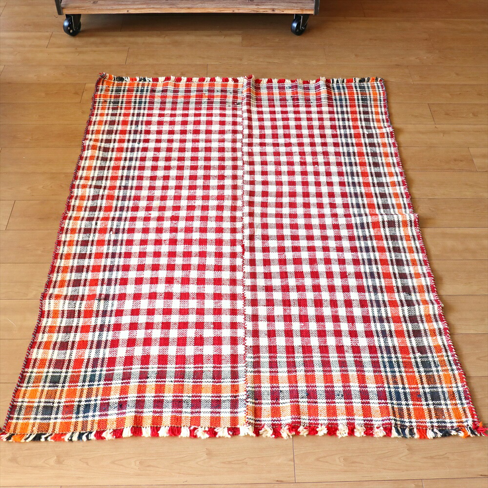 【15%OFFクーポン対象】オールドジャジム テント布160×123cm レッド オレンジ ネイビーのチェック柄