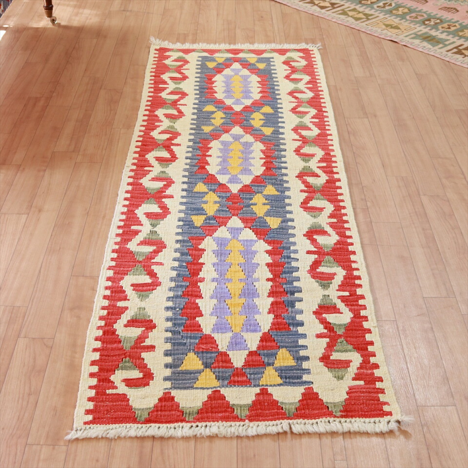 【15%OFFクーポン対象】キリムラグ ウール100% 185×60cm 細長ランナー　３つの変形メダリオン