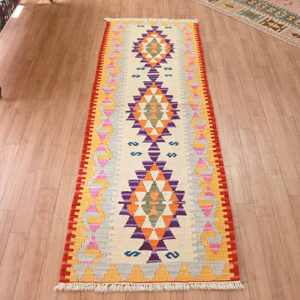 手織りキリムラグ ウール100% トルコ カイセリ産184&times;62cm 細長ランナー　/イーブルアイのモチーフ｜ガラタバザール（キリム＆ラグ）