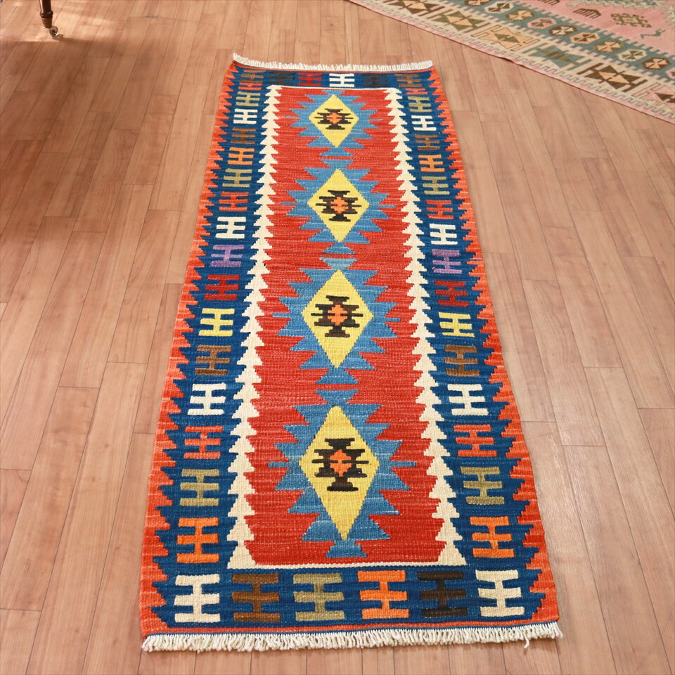 手織りキリムラグ ウール100% トルコ カイセリ産193&times;60cm 細長ランナー　/レッド/ブルー｜ガラタバザール（キリム＆ラグ）