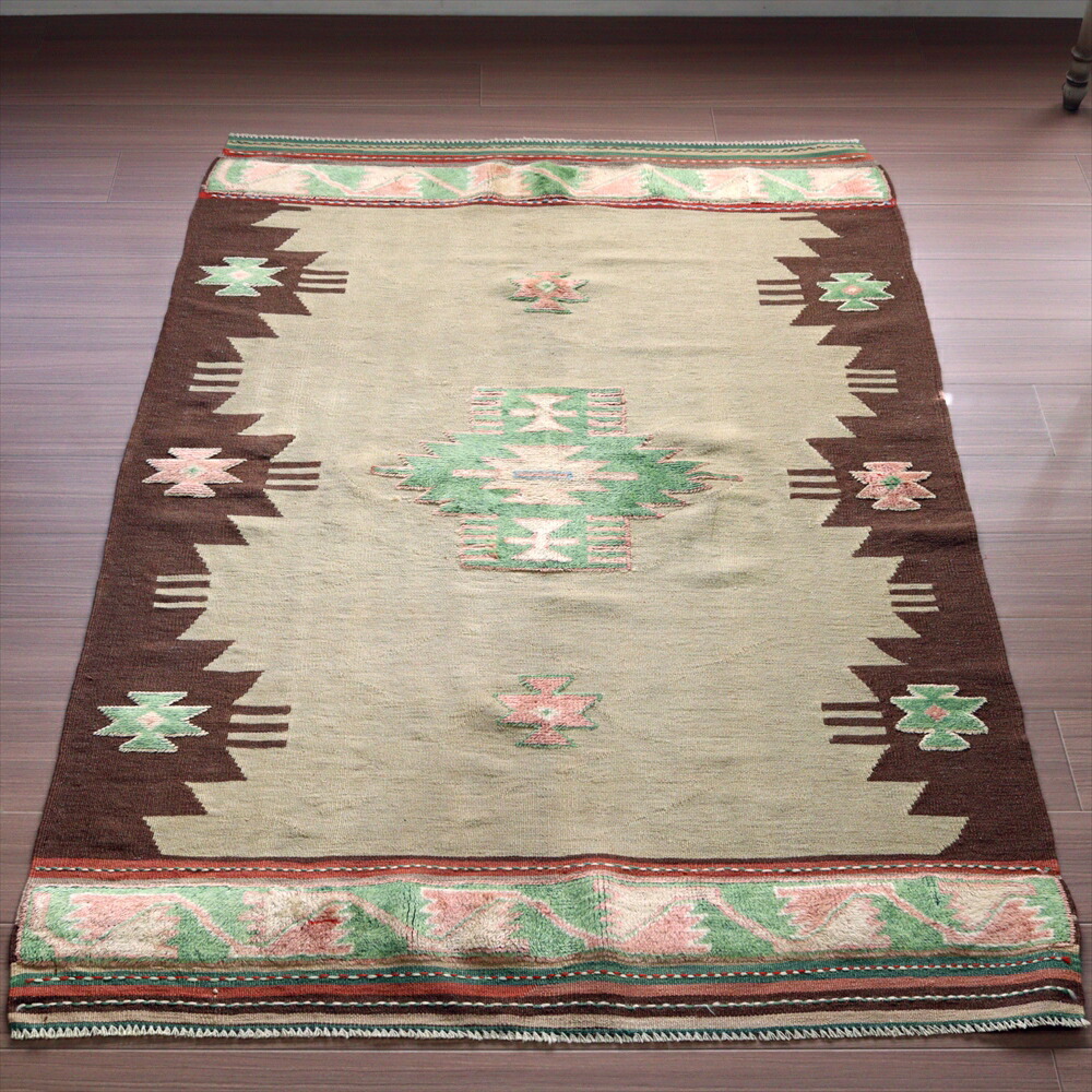 【15%OFFクーポン対象】コンヤキリム　パイル織りのコンビ　セッヂャーデ167×114cm ペールイエロー/ブラウン