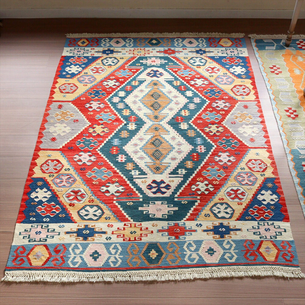 【15%OFFクーポン対象】細かな織りの手織りキリム コンヤ177×125cm ２つのダイヤと狼の口