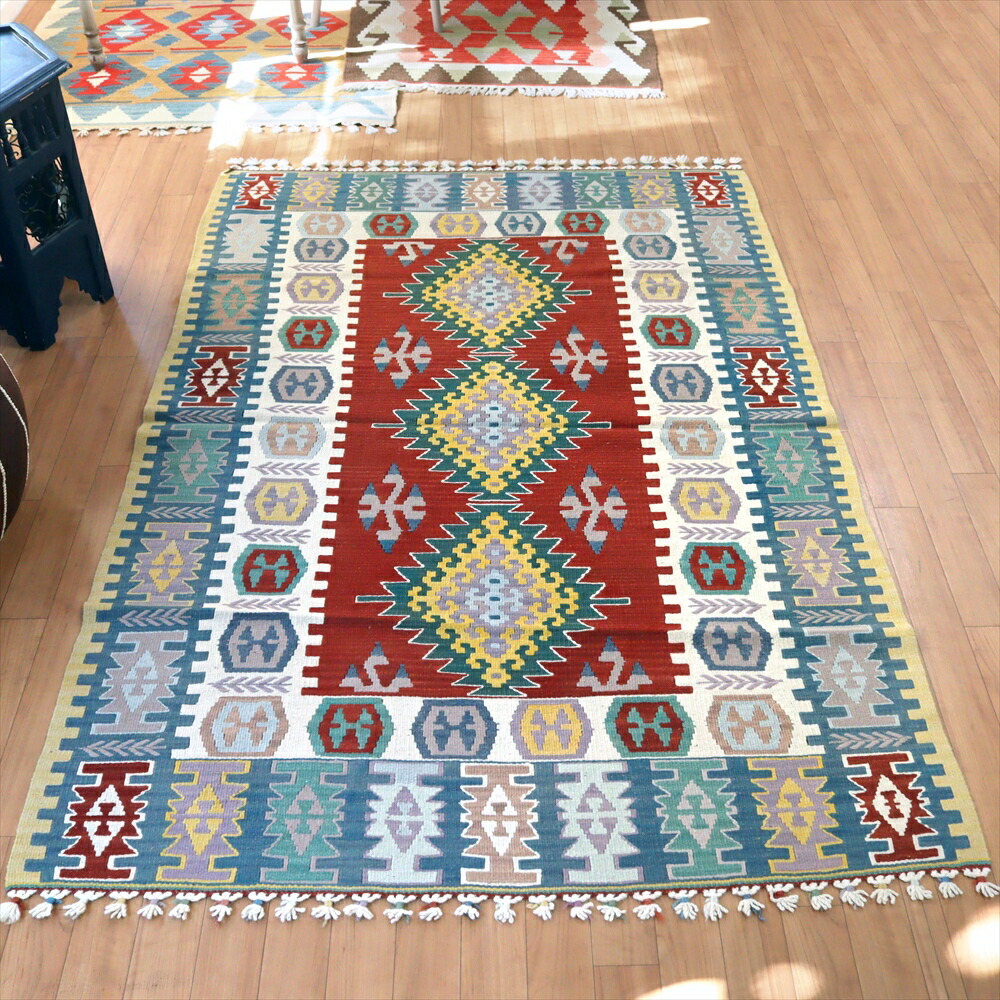 【15%OFFクーポン対象】トルコの手織りキリム カイセリ177×118cm ３つのドラゴンと麦の穂