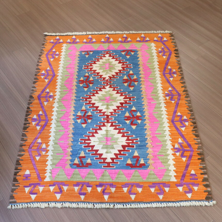 【15%OFFクーポン対象】ワンランク上のカイセリキリム162×119cm ブルー＆オレンジ