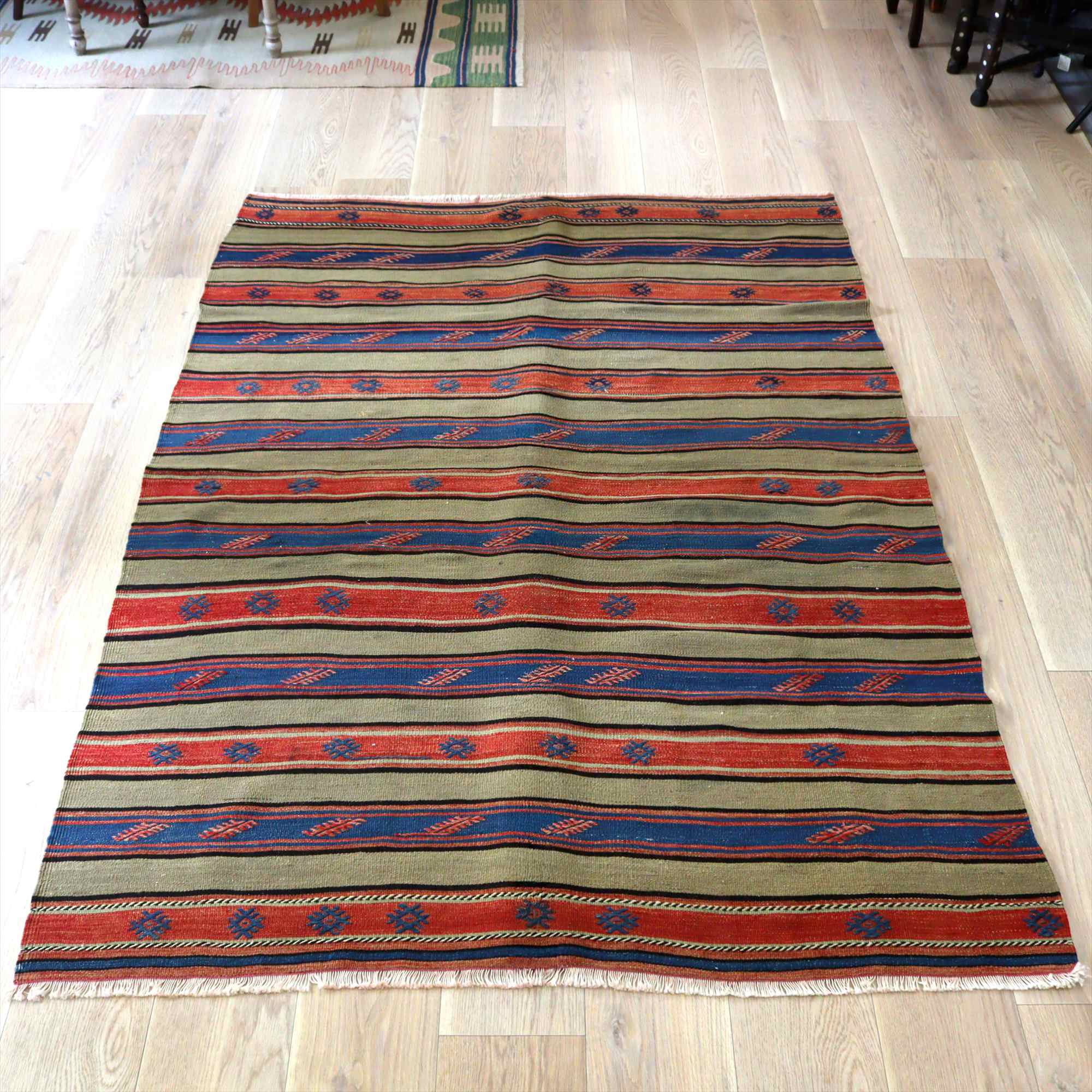【15%OFFクーポン対象】オールドキリム フェティエ 201×139cm ボーダーデザイン