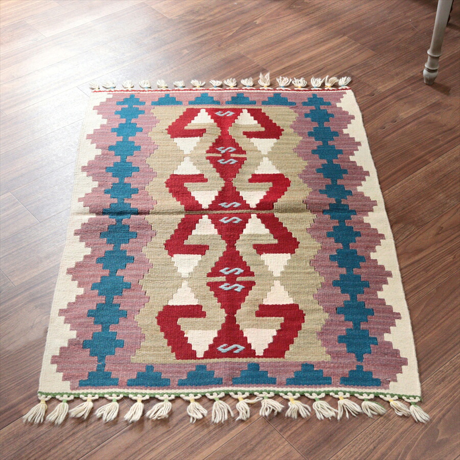【15%OFFクーポン対象】カイセリ産手織りキリム 109×80cm ベージュ＆パープル トルコの手織りラグ