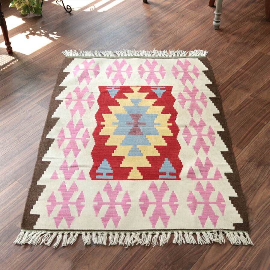 カイセリ産手織りキリム 115×83cm レッド&ベージュ トルコの手織りラグ|ガラタバザール(キリム&ラグ)