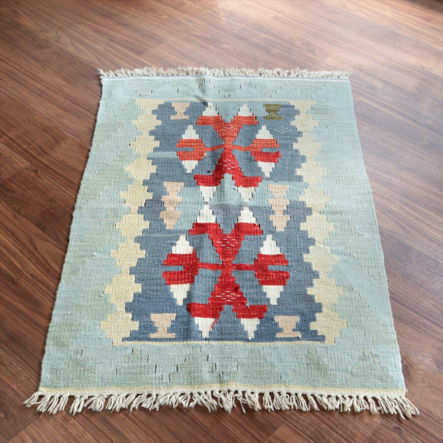 【15%OFFクーポン対象】カイセリ産手織りキリム 124×82cm パステルカラー トルコの手織りラグ