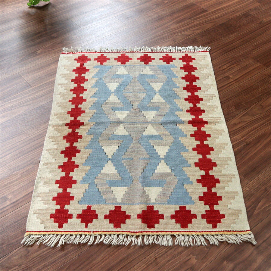カイセリ産手織りキリム 雄羊の角 115×79cm ブルー&グレー トルコの手織りラグ|ガラタバザール(キリム&ラグ)