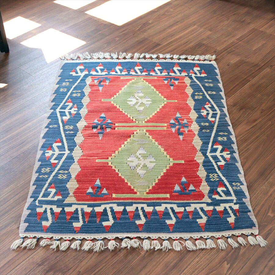 カイセリ産手織りキリム 125×91cm レッド＆ブルー トルコの手織りラグ