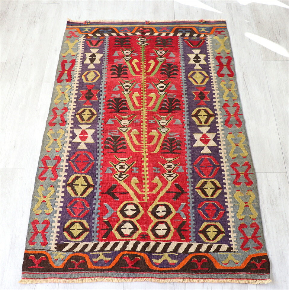 【15%OFFクーポン対象】オールドキリム トルコ/エシュメ　セッヂャーデ151×94cm 生命の樹　二重のボーダー 57,475円