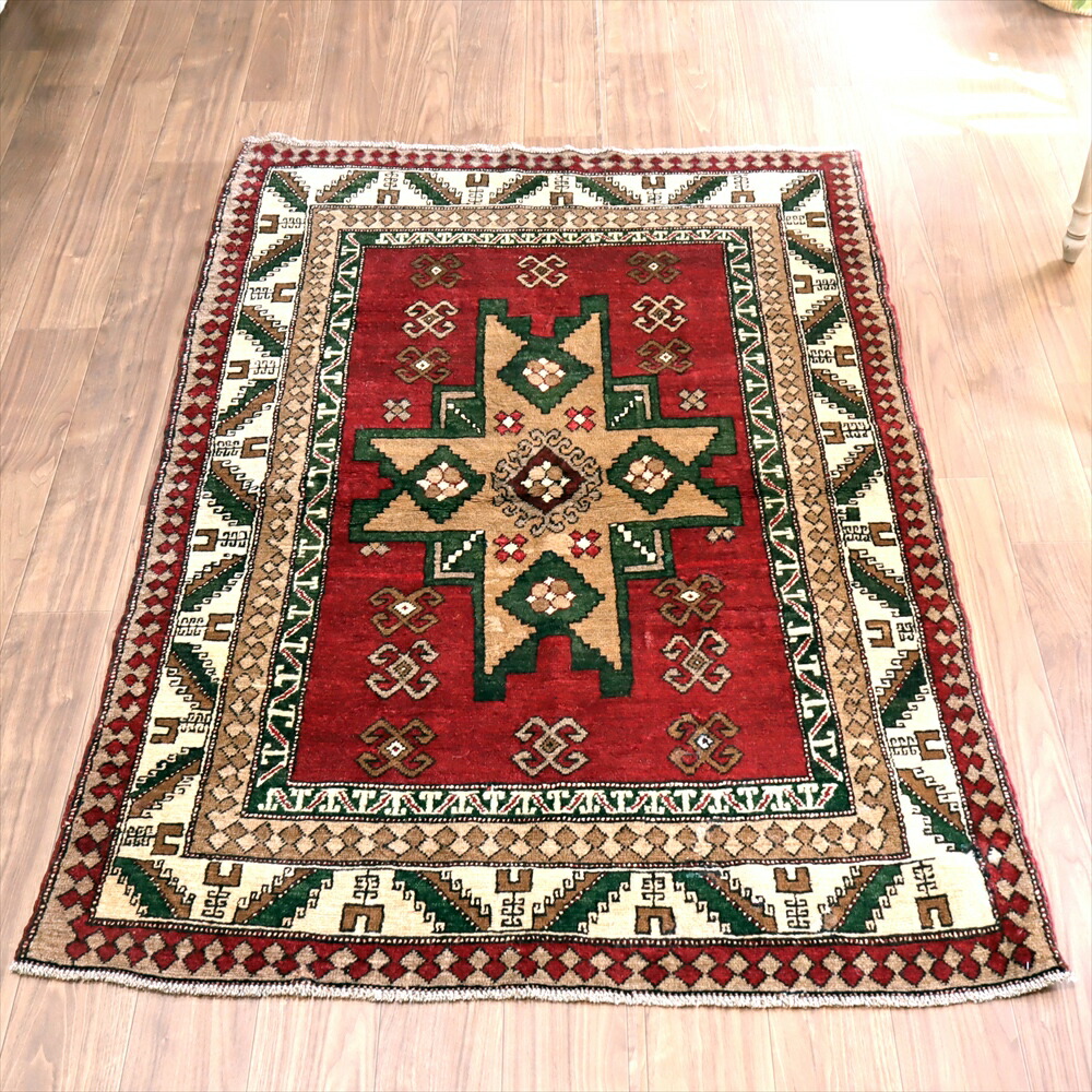 【15%OFFクーポン対象】オールドカーペット・カルス　トルコの手織りじゅうたん192×127cm スターカザック　レッド&ナチュラルアイボリー