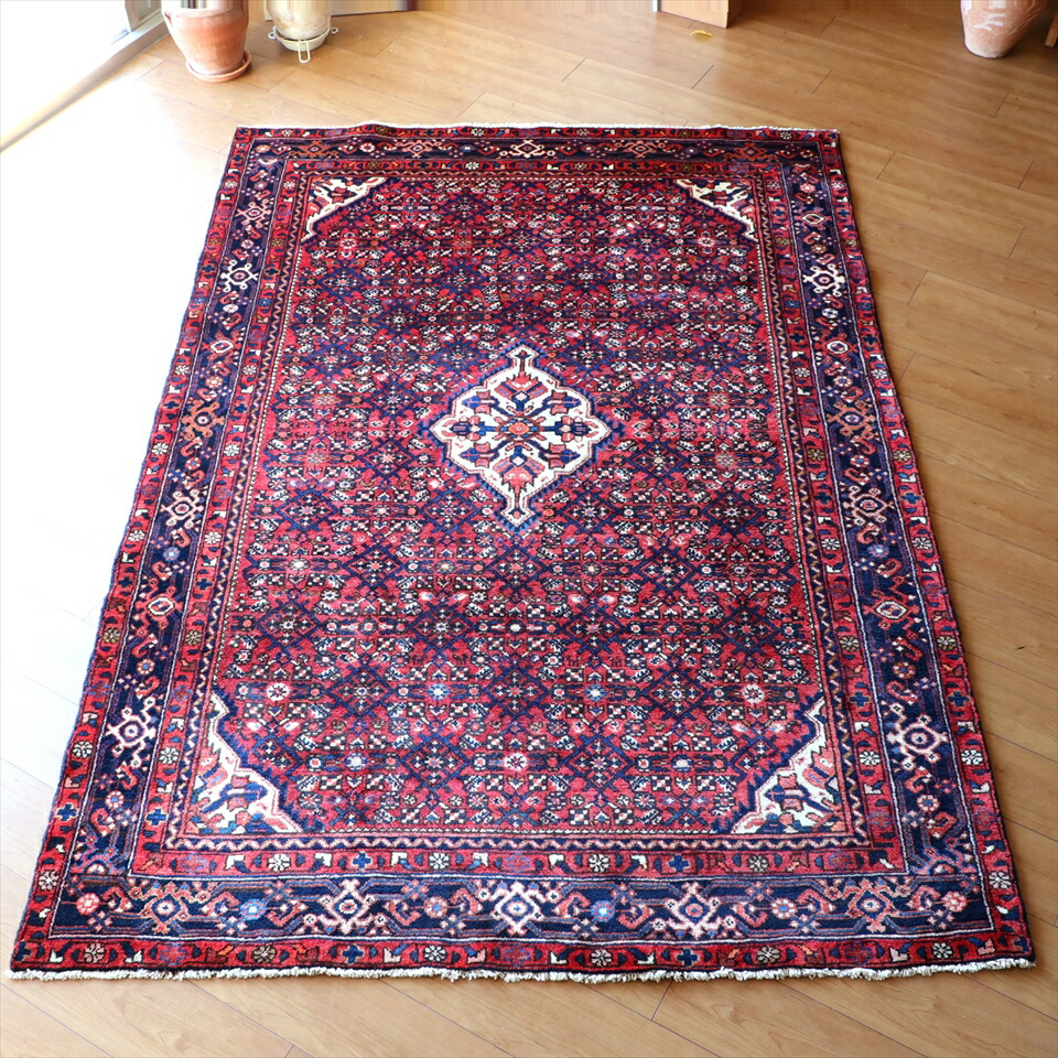 【15%OFFクーポン対象】部族絨毯 トライバルラグ223×155cm ハマダン　イラン西部　レッド/ネイビー/ホワイト 121,000円
