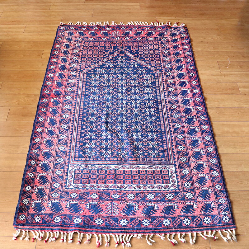 【15%OFFクーポン対象】トルコじゅうたん・トライバルラグ　ヤージベディル ミフラープ 213×121cm ブルー＆レッド
