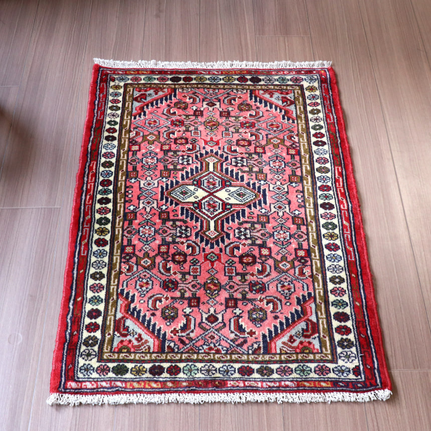 トライバルラグ 92×59cm 手織り 絨毯 カーペット ヴィンテージ ラグ